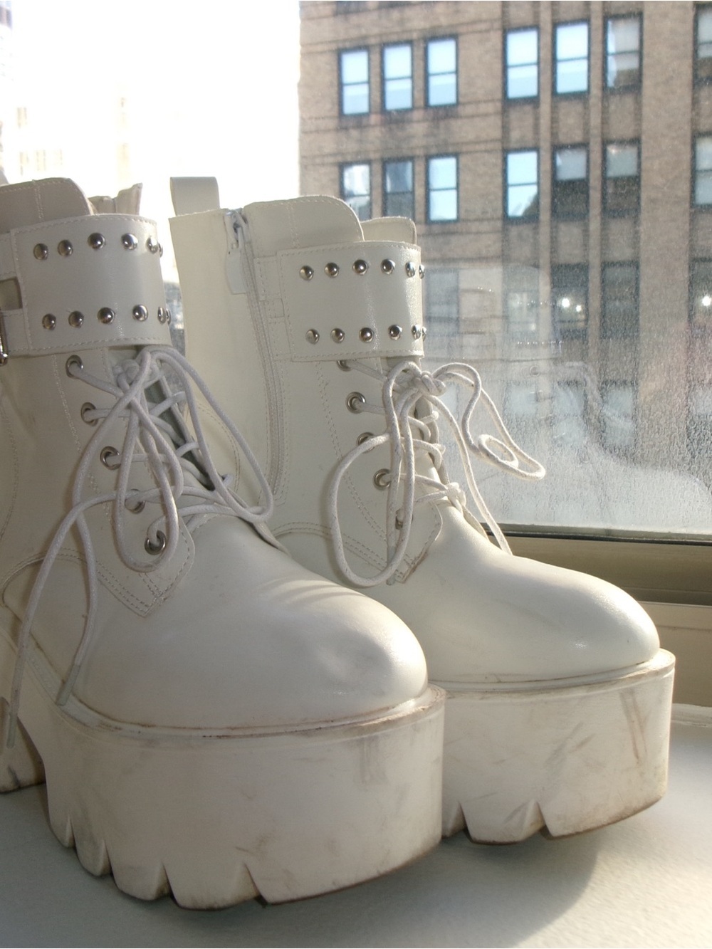 White Platform Lace-Up Ankle Boots with Buckle Detail - Picture 3 of 6